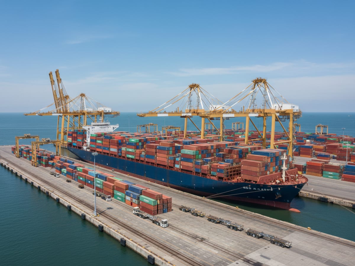 A large container cargo ship berthed at a modern marine terminal being loaded with stacked shipping containers by ship-to-shore cranes