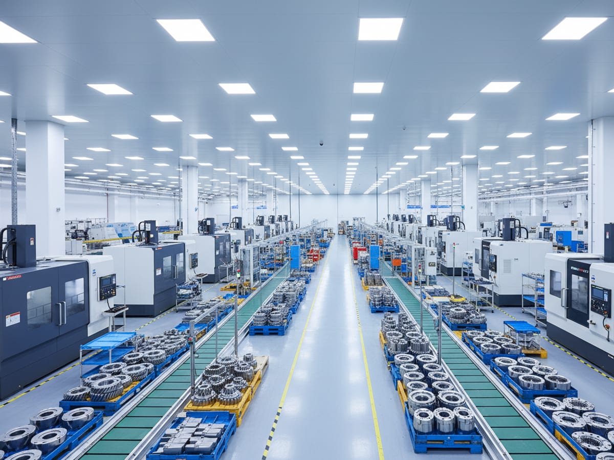 Interior of a modern, clean manufacturing facility with machinery and organized rows of machined metal components on production lines