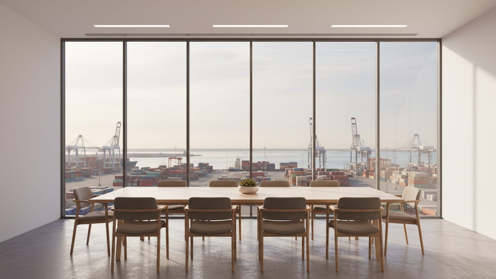 A calm, modern corporate meeting room with a large window overlooking a harbour and container port terminal