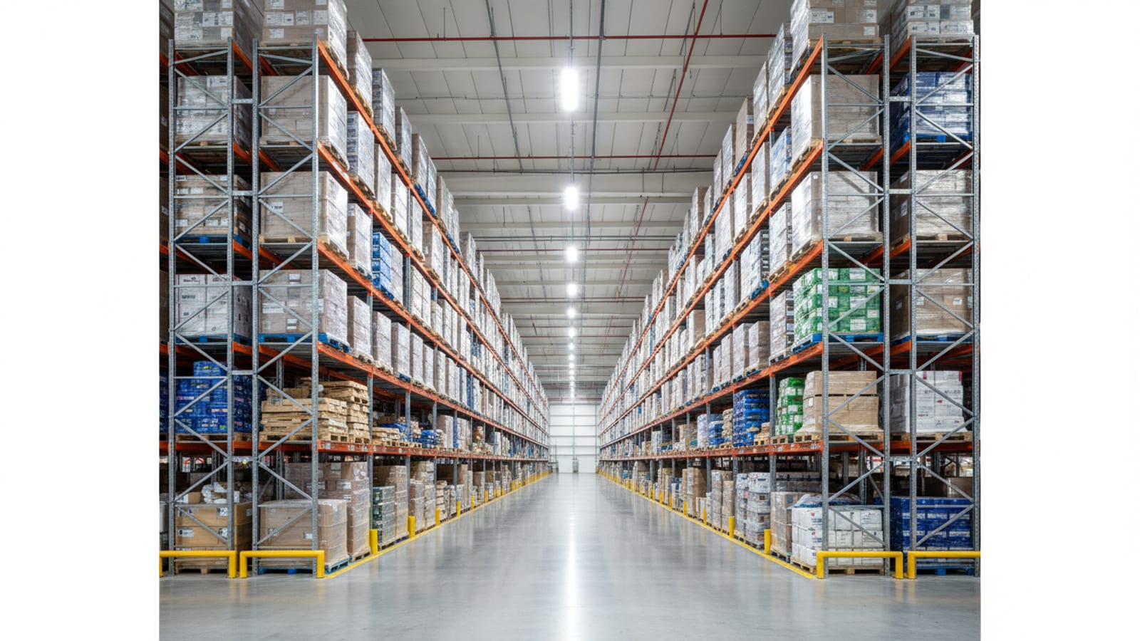 A modern high-bay warehouse with tall pallet racking full of stored goods and clean central aisles